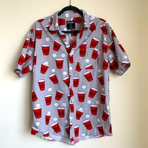 Men’s Beer Pong Themed Short Sleeve Button Up